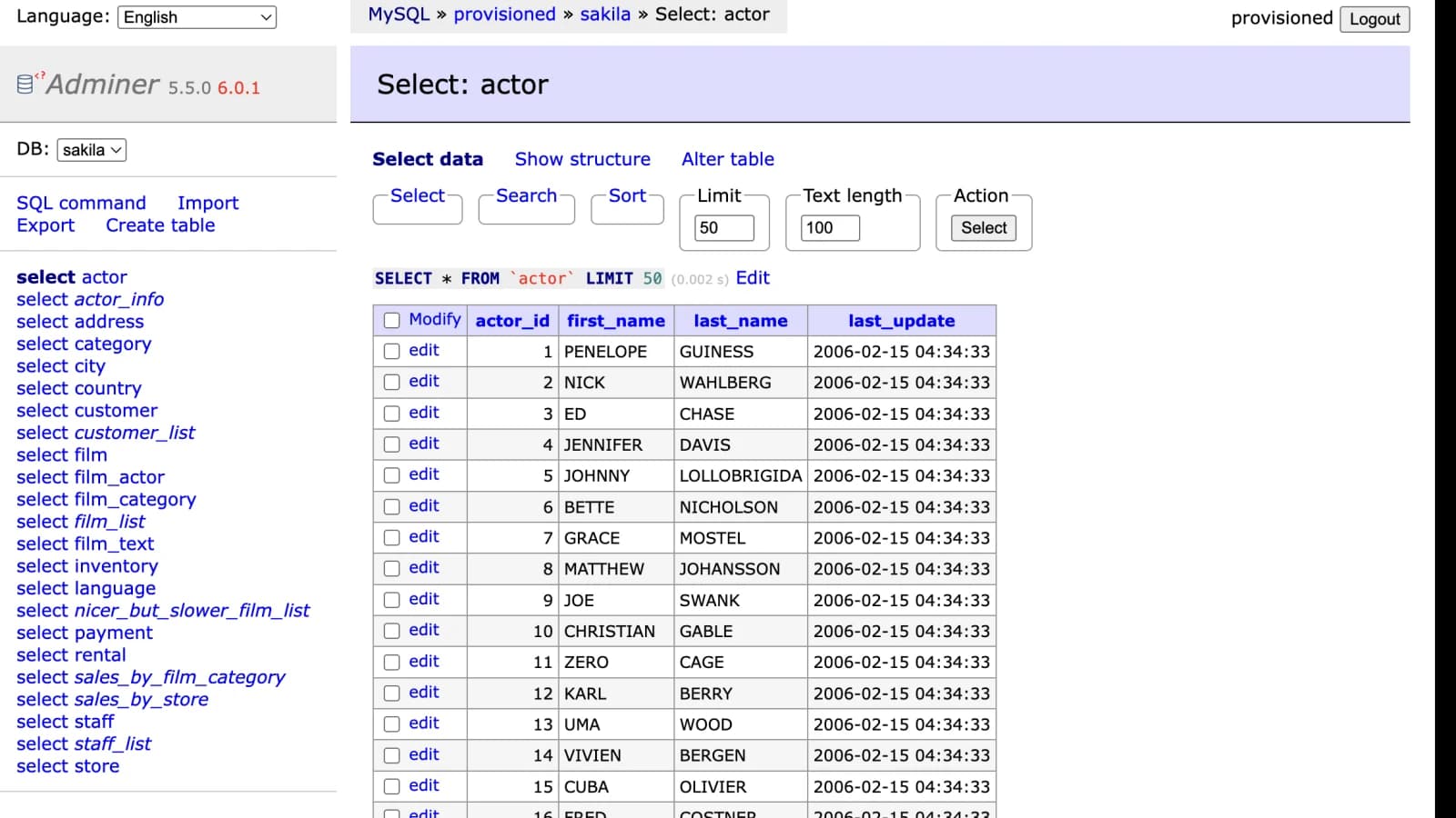 Adminer interface preview showing the Sakila actor table