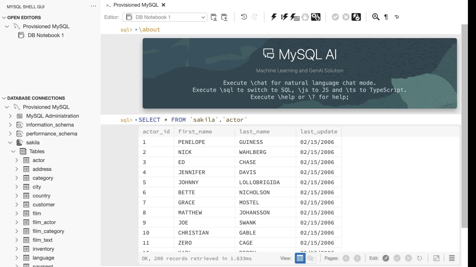MySQL Shell GUI interface preview showing the Sakila actor table
