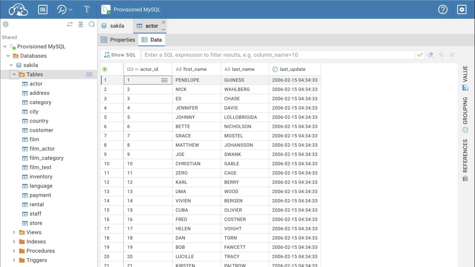 CloudBeaver interface preview showing the Sakila actor table