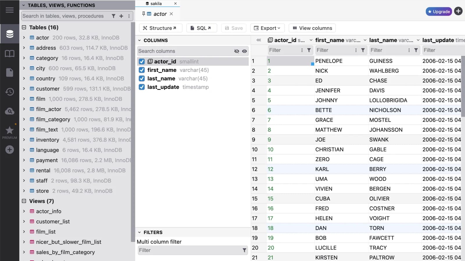 DbGate interface preview showing the Sakila actor table